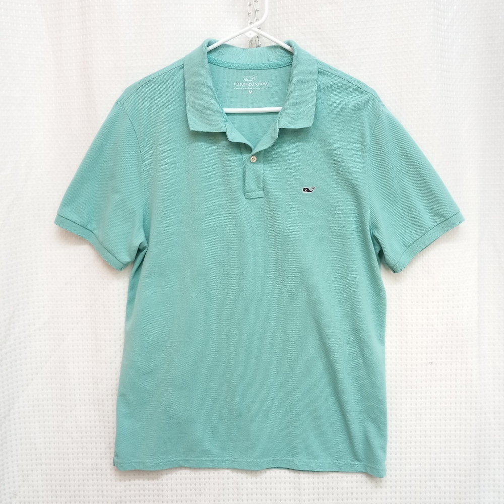 Vineyard Vines Polo Men's M Ocean Blue Pique Knit Short Sleeve Shirt Whale Logo